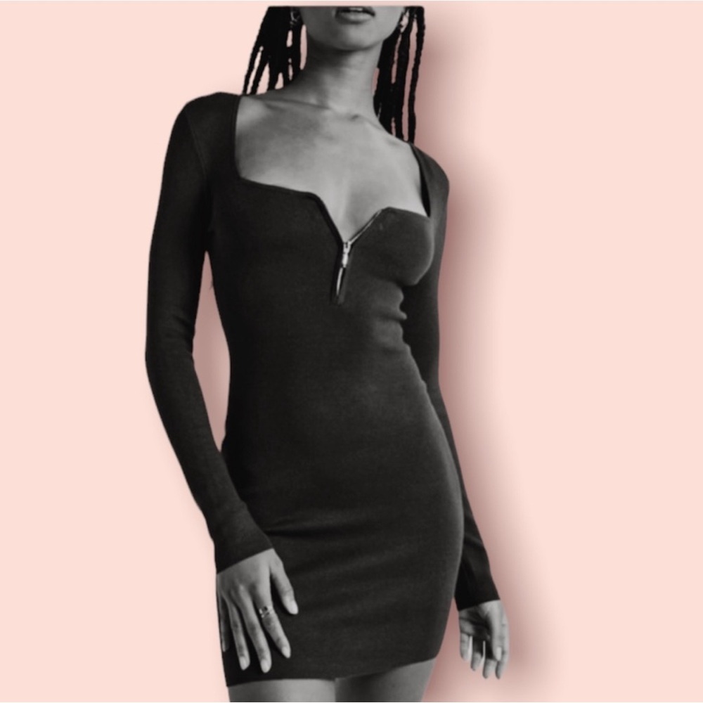 Abercrombie & Fitch Black Long-Sleeve Half-Zip Mini Dress Size MT Ribbed
